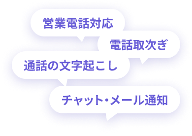 営業電話対応、電話取次ぎ、通話の文字起こし、チャットとメール通知