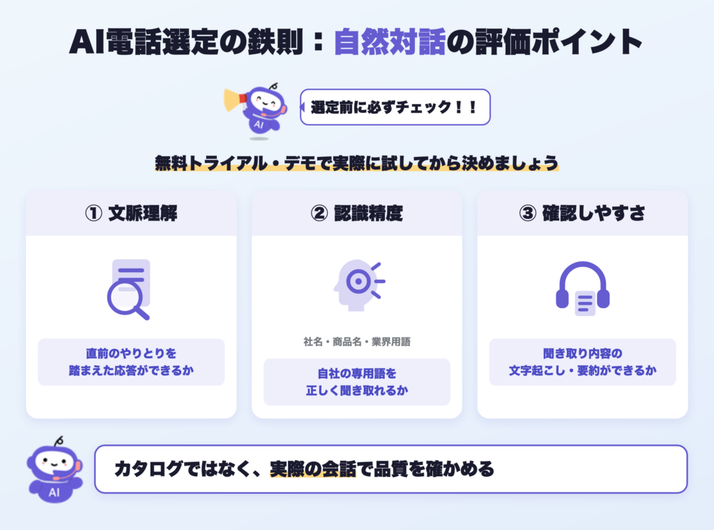 AI電話選定の鉄則:自然対話の評価ポイント。カタログではなく実際の会話で品質を確かめる。