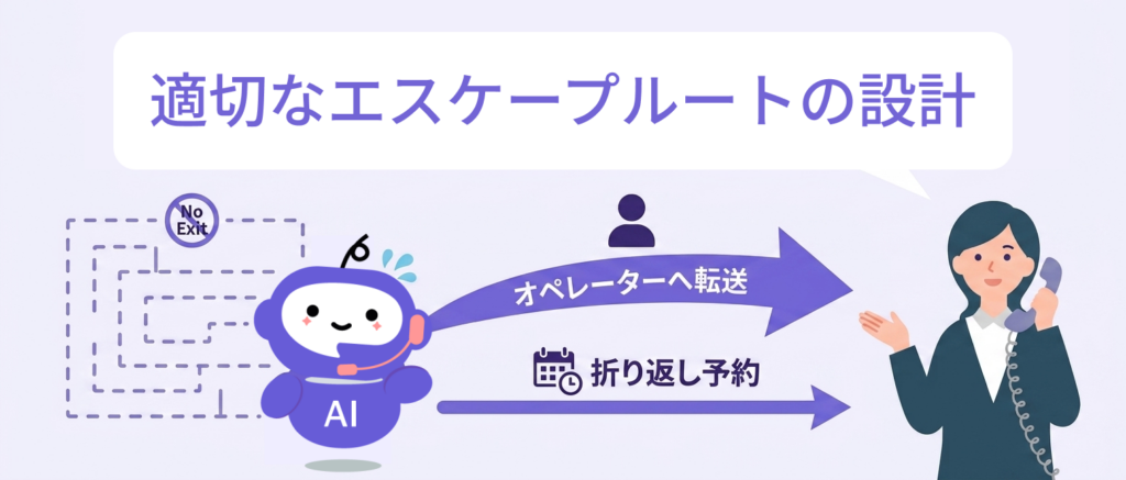「適切なエスケープルートの設計」の解説図。対応に困ったAIから、オペレーターへの転送や折り返し予約へスムーズに切り替える流れを示すイラスト