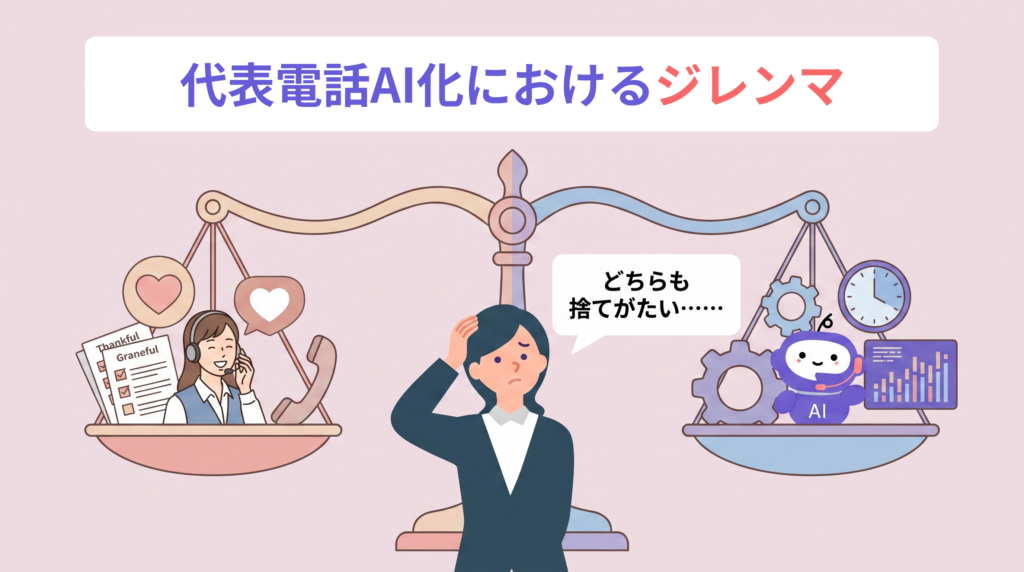 天秤の両側に「人の手による丁寧な対応」と「AIによる効率的な対応」が乗り、中央で女性が悩む、「代表電話のAI化におけるジレンマ」のアイキャッチ画像