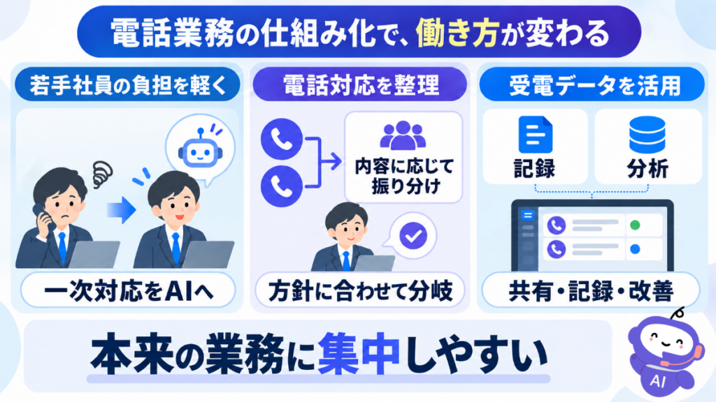 電話業務の仕組み化で、働き方が変わる。本来の業務に集中しやすい。